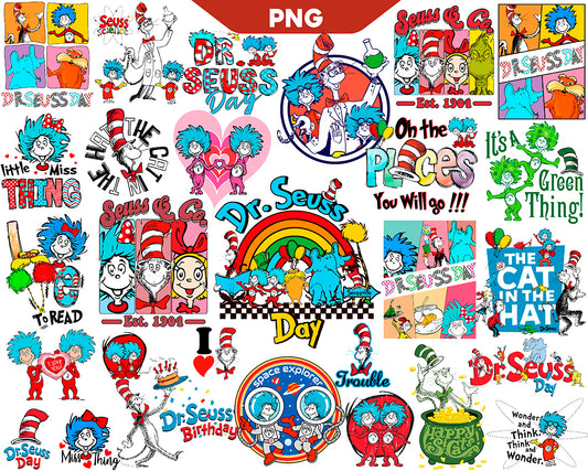 Bundle Dr. Seuss Png, Cat In The Hat Png, Retro Read Day Png