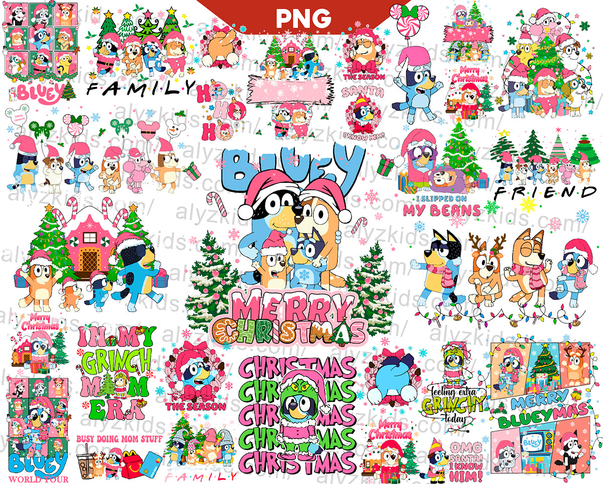 Pink Bluey Christmas Png Bundle, Pink Bluey Family Christmas Png