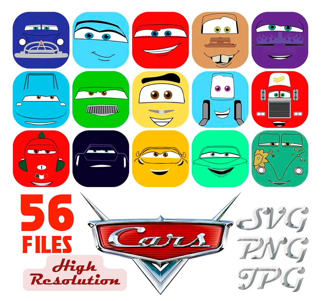 Disney Cars Faces Svg Png Cliparts Bundle, Lightning McQueen Svg, Tow Mater Svg (1)