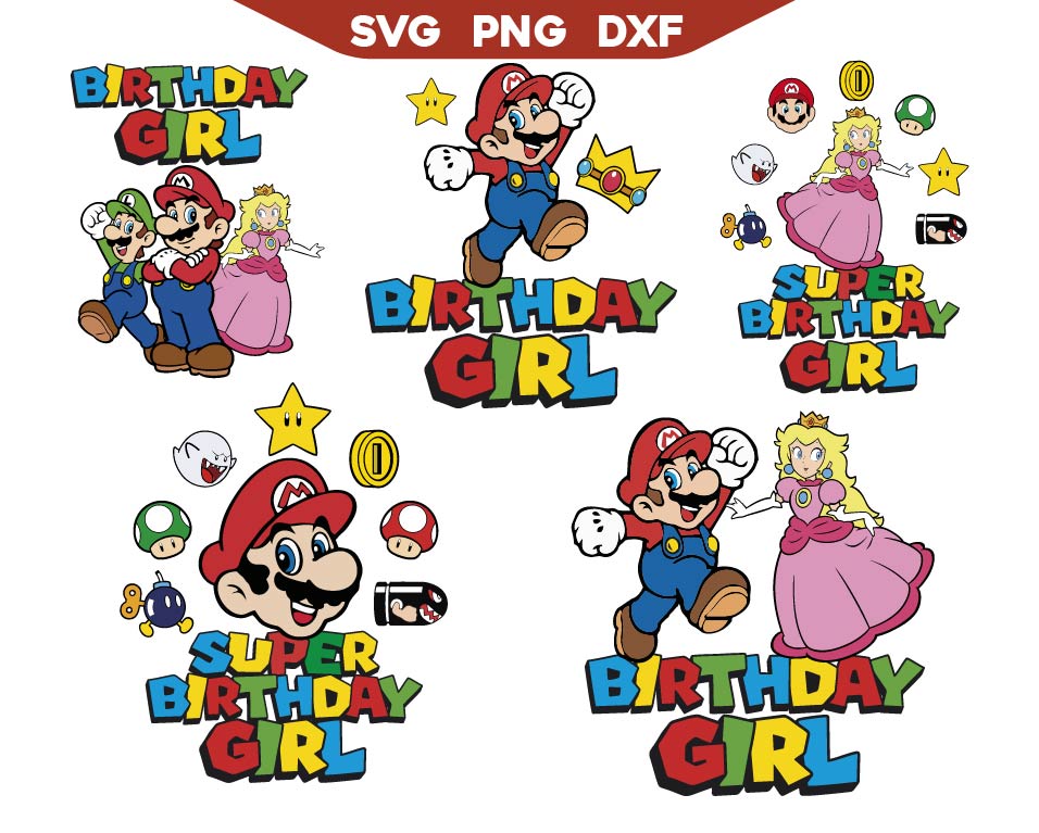 Super Birthday Mario Bros Girl Svg Png Pack